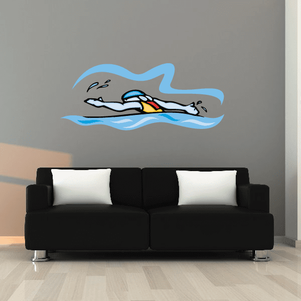 Swimming dolphin vinyl sticker with swimmer and blue wave design