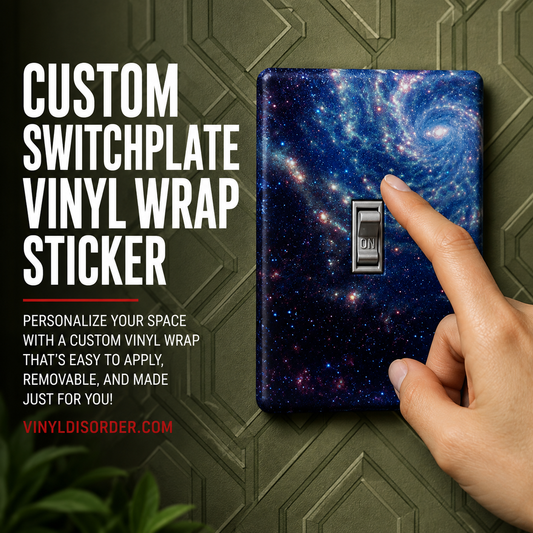 Galaxy blue switchplate vinyl wrap sticker with switch cutout and finger touch