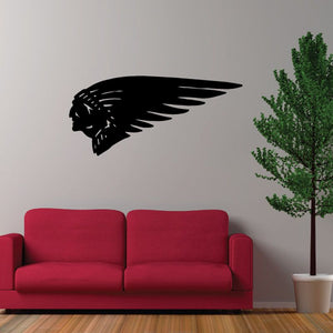 Native American head decal with black feathered headdress, swooped profile
