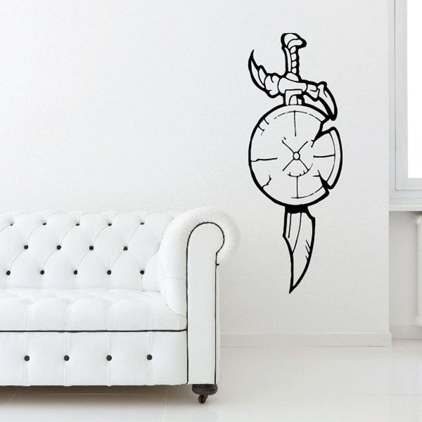 Sword and Shield decal, black line-art sword and shield on white surface
