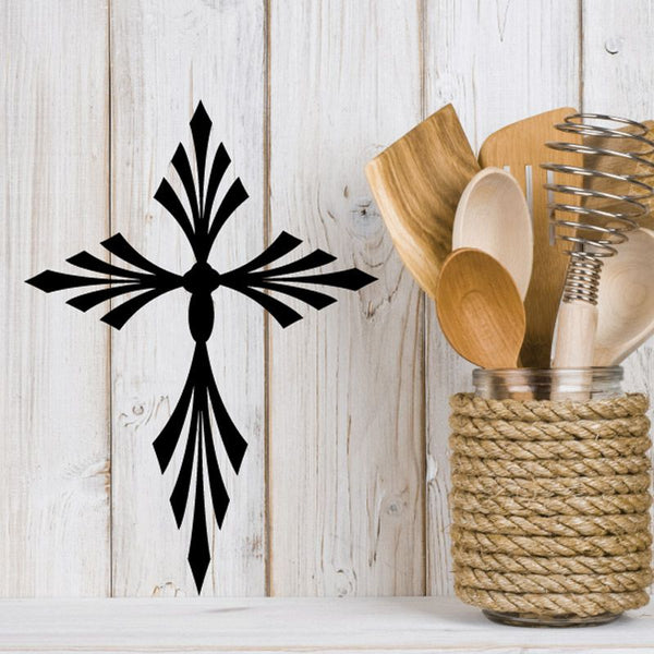 Symmetrical cross decal, black geometric starburst design