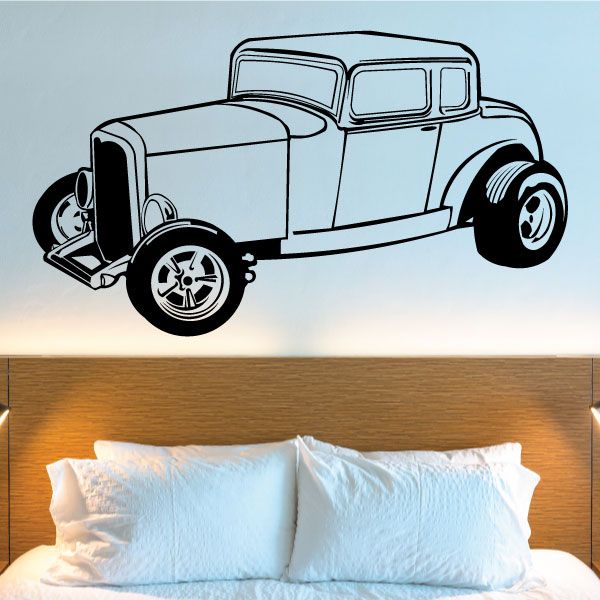 Vinyl hot rod car decal with white vintage coupe side view