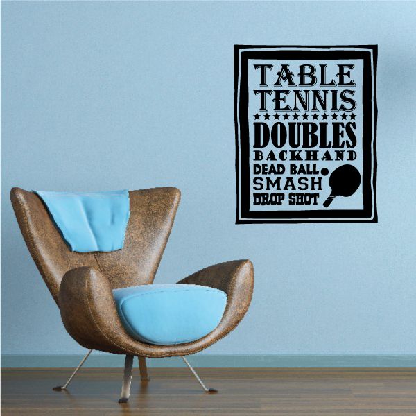 Table tennis word collage decal with bold black border and white text.