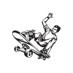 Black skateboarding decal of a rider doing an ollie with tail grab hand pose
