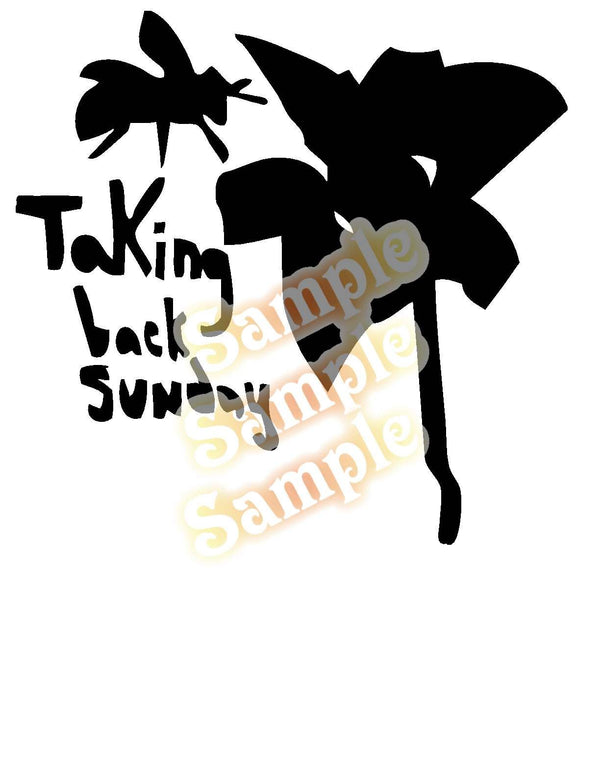 Taking Back Sunday decal with black palm tree silhouette and stylized band text