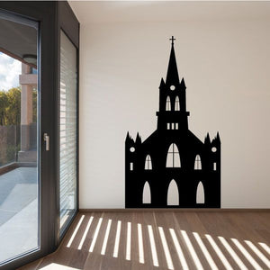 Tall church wall decal, black silhouette of church with steeple and arched windows.