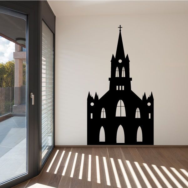 Tall church wall decal, black silhouette of church with steeple and arched windows.
