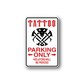 Parking only sticker, red lettering with black crossed-tool icon and white border