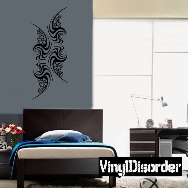 Vinyl tattoo wall decal with black swirl and flower motifs