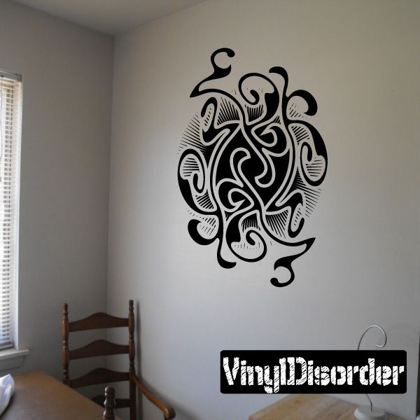 Black ornamental tattoo-style wall decal with curled line artwork, vinyl sticker.