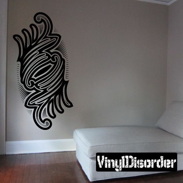 Tattoo-style black winged swirl wall decal, bold outline and dotted accents