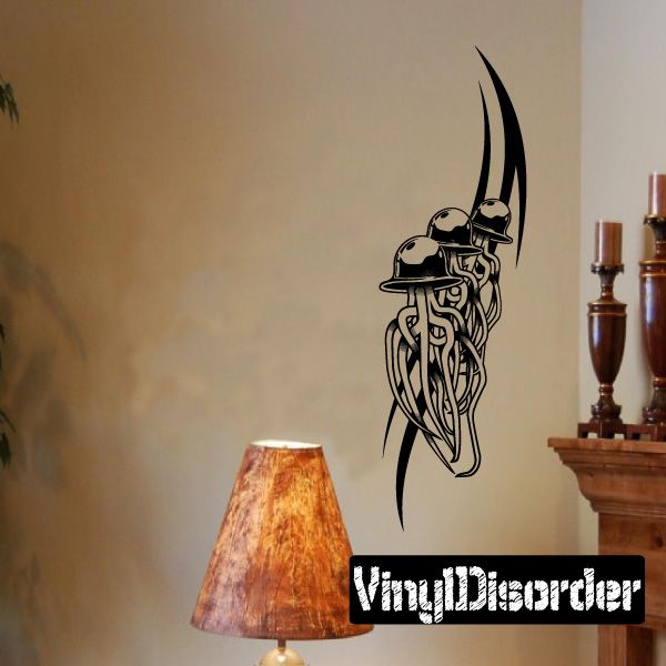 Black tattoo-style wall decal with horned figure and banner text