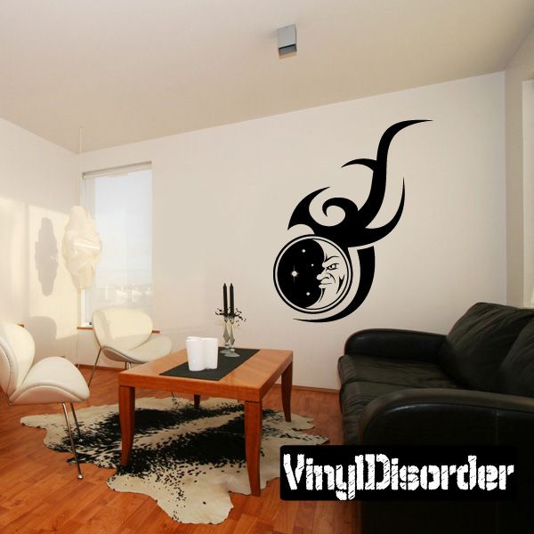 Black vinyl wall decal with moon and face tattoo swirl