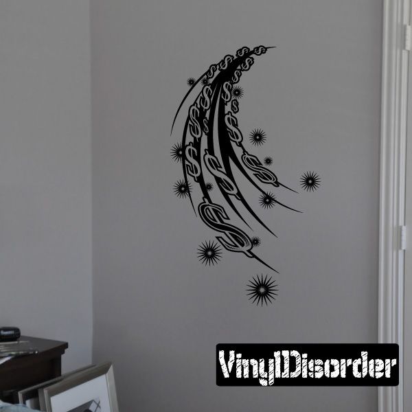 Tattoo wall decal vinyl sticker: black crescent moon with dollar signs and stars