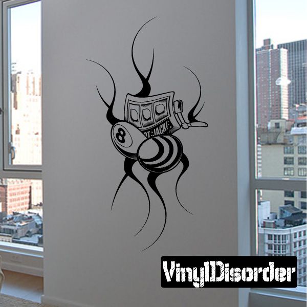 Black tattoo wall decal of cartoon character with headphones and swirl lines