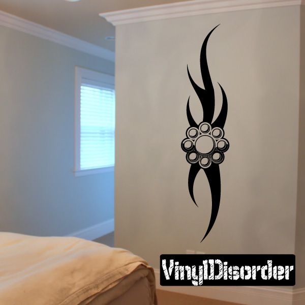 Black tribal tattoo vinyl wall decal with flame shape and circular bead pattern