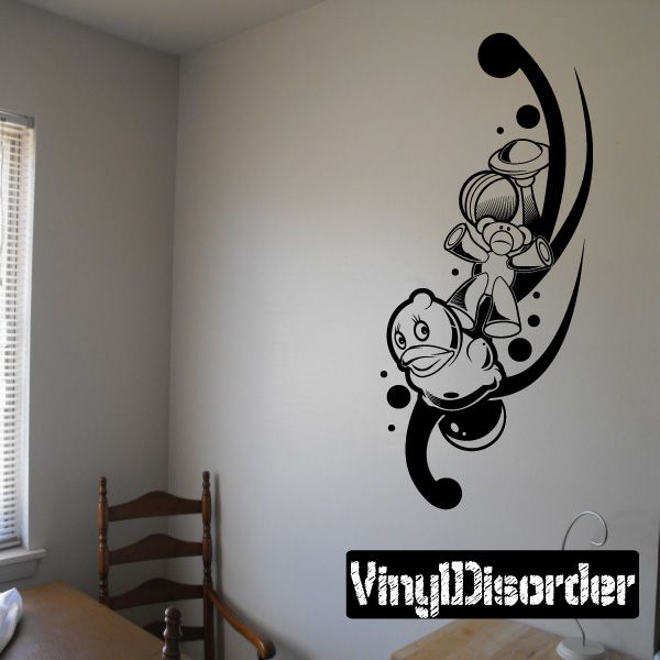 Black cartoon tattoo wall decal with swirl and smiling character and dots