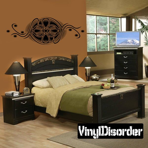 Vinyl wall decal with circular mandala and scrolling vine, black