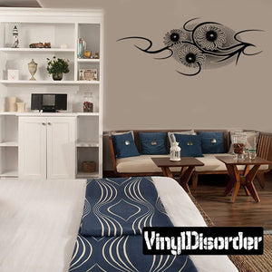 Vinyl wall decal with black floral and swirling vine pattern