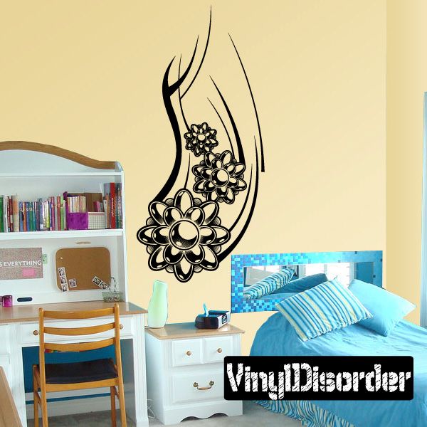 Black floral tattoo vinyl wall decal with curled wing outline and small flowers