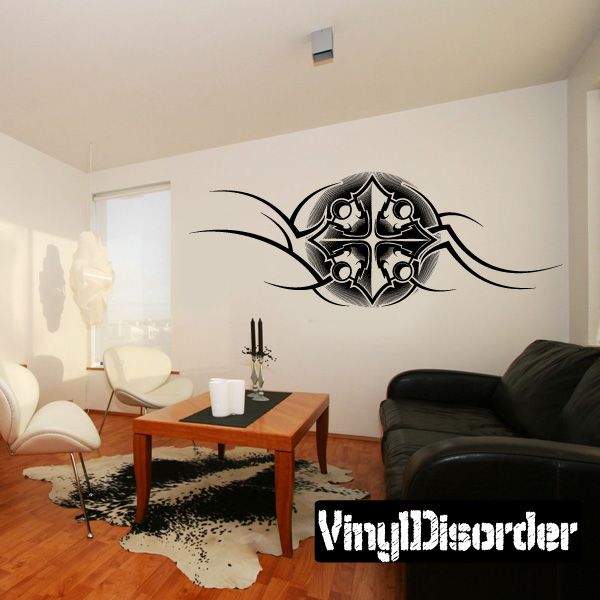 Black circular tattoo wall decal with ornate center and curved swirls, vinyl