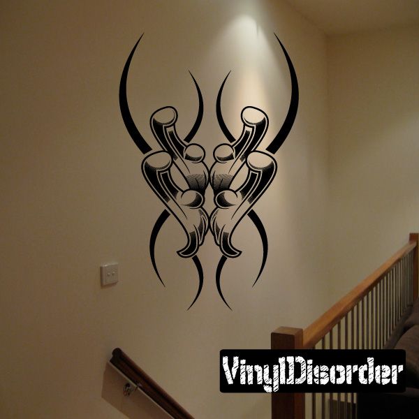 Vinyl tattoo wall decal, black horned skull with hand-like claws