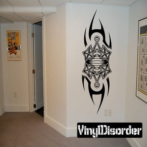 Black gothic tattoo wall decal with horned emblem and outlined skull design