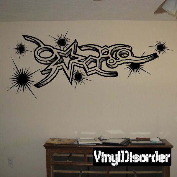 Tattoo wall decal with black star, swirls and spark shapes, decorative vinyl graphic