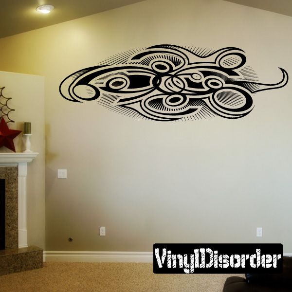 Ornate black tribal tattoo vinyl wall decal with curved lines and circular elements