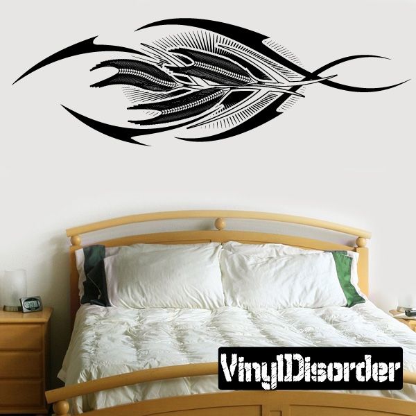 Black and white tribal fish tattoo vinyl wall decal with curved fins and swirl