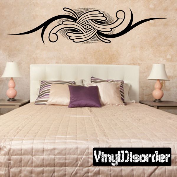Ornate black floral tattoo vinyl wall decal with flowing ribbon scrollwork