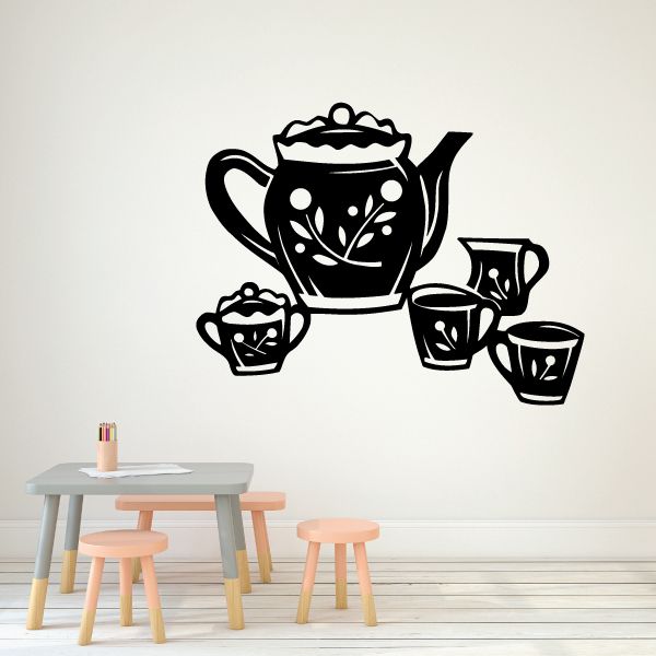 Tea set wall decal, black teapot and cups sticker