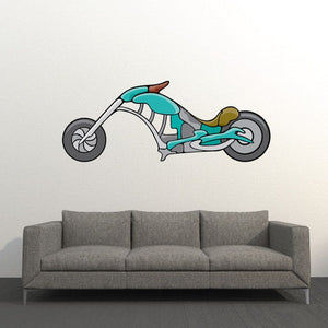 Teal chopper sticker with motorcycle illustration