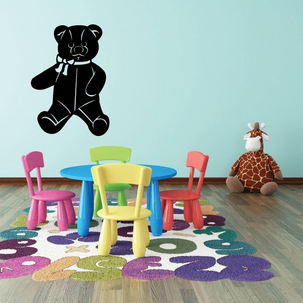 Black sitting teddy bear wall decal with bow and simple line details