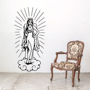 Angel trumpet wall decal with detailed line drawing of winged figure on clouds