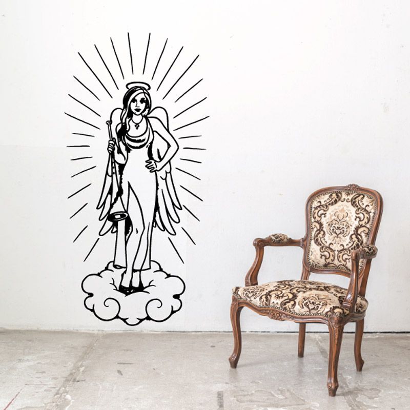 Angel trumpet wall decal with detailed line drawing of winged figure on clouds
