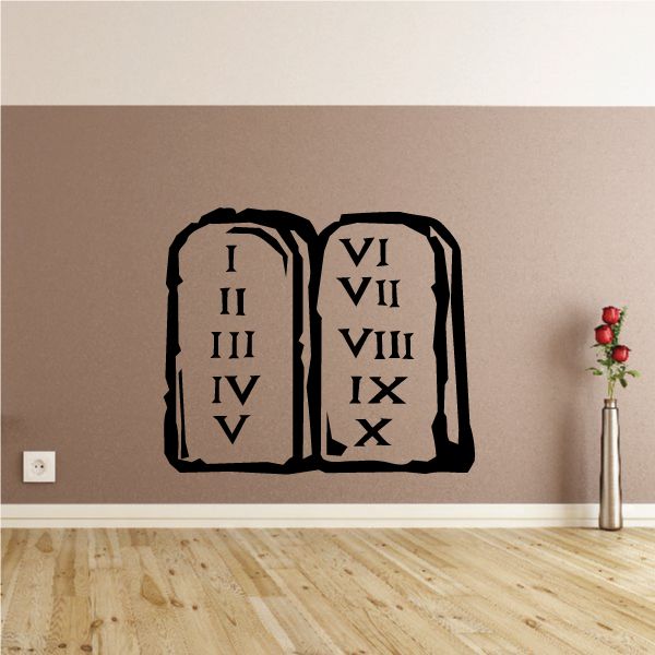 Ten Commandments decal with black Roman numerals on two arched panels