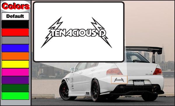 Tenacious D lightning decal with twin black lightning bolts and logo