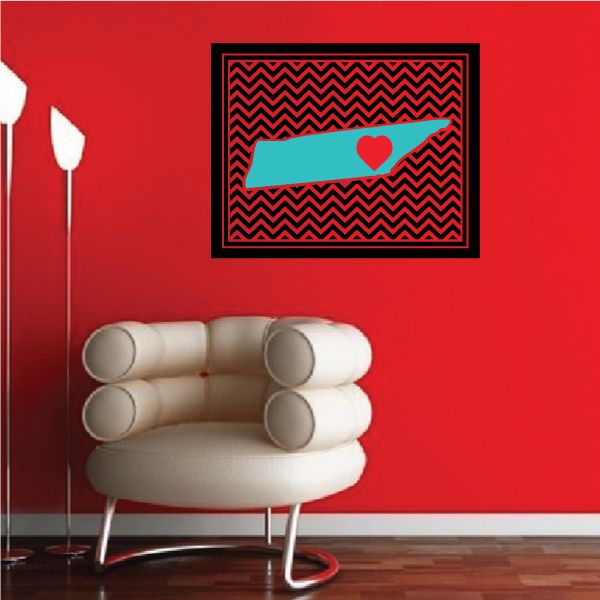 Chevron heart sticker with black frame, red and black zigzag border, teal center