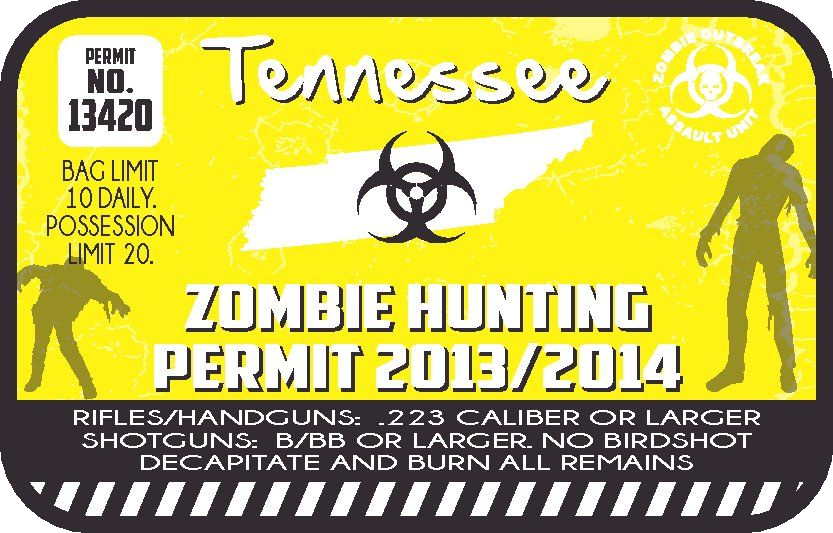 Yellow zombie hunting permit sticker with Tennessee title, biohazard symbol, permit text