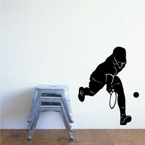 Black vinyl tennis player wall decal silhouette with racket and ball accessory