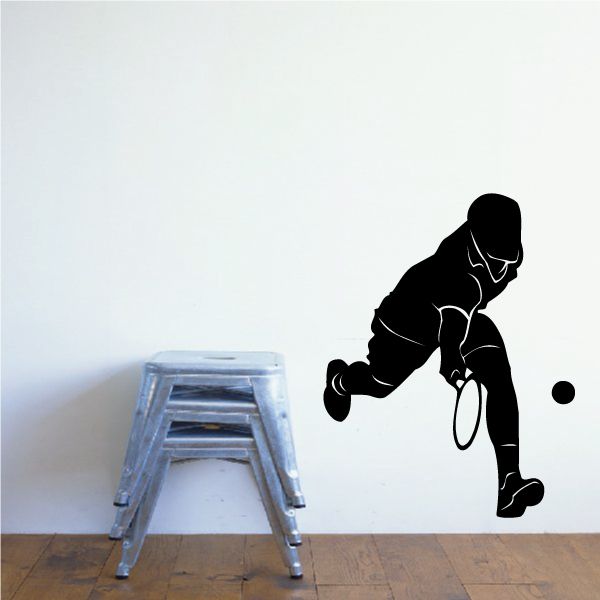 Black vinyl tennis player wall decal silhouette with racket and ball accessory