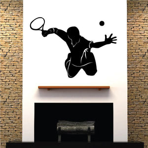 Tennis player wall decal vinyl sticker, black silhouette of player with racket and arms out