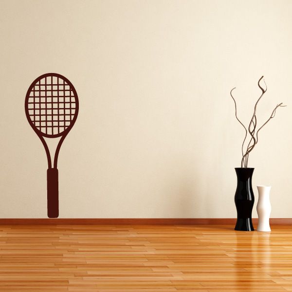 Tennis racket wall decal in dark red with racket head grid and handle