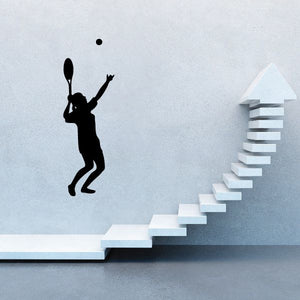 Tennis wall decal vinyl of a tennis player silhouette with racket and upward arrow steps