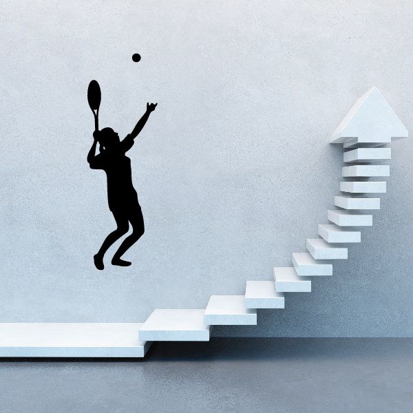Tennis wall decal vinyl of a tennis player silhouette with racket and upward arrow steps