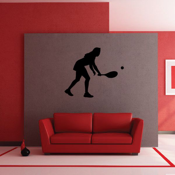 Black tennis player wall decal with racket and ball silhouette