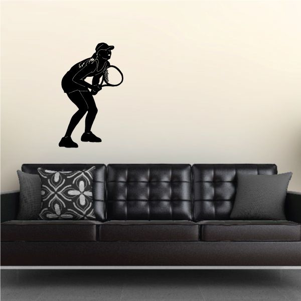 Black tennis player wall decal silhouette holding racket and ball