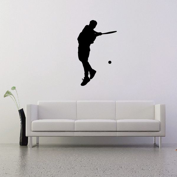 Tennis wall decal: black tennis player silhouette hitting a ball, with racket and dot