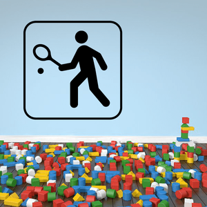 Tennis player wall decal: stick figure holding tennis racket inside rounded square